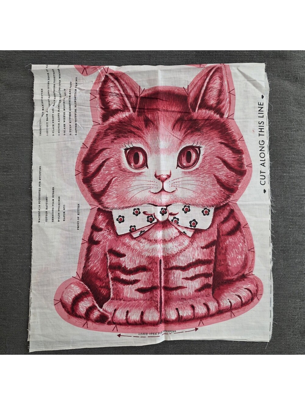 Vintage Uncut Charlie The Kitten 60s/70s Pink Cat Craft Fabric Panel Pillow VGC